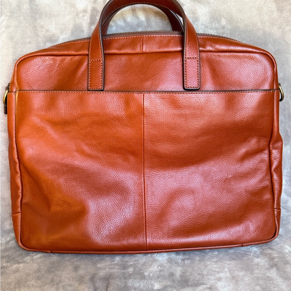 Fossil Men's Chestnut Brown Pebble Soft Leather Double Handle Briefcase - Picture 2 of 10